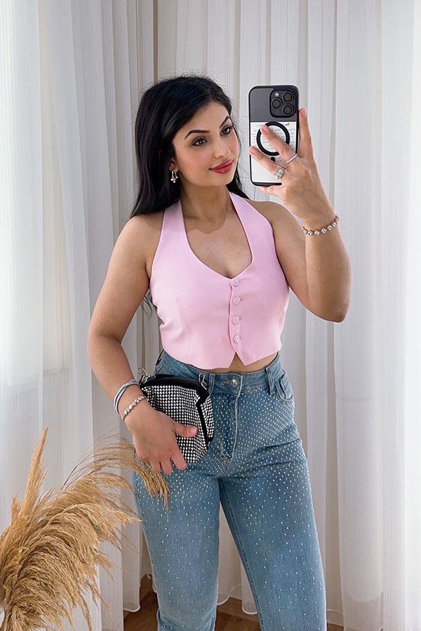 Sırt Dekolteli Pembe Yelek
