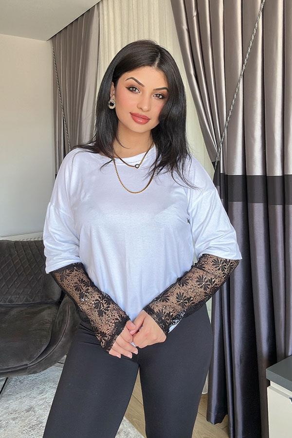 Siyah Oversize Kolları Dantelli Tshirt - Beyaz
