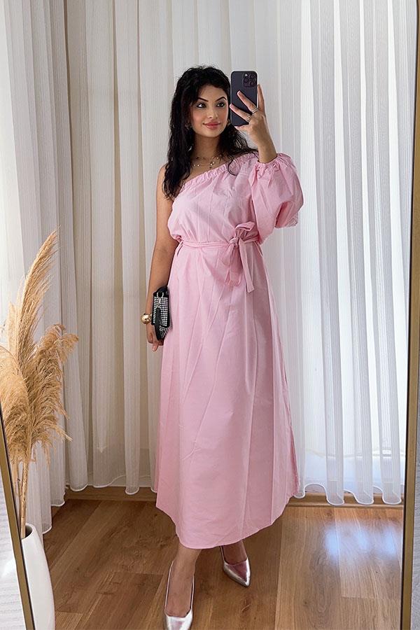Tek Omuz Poplin Elbise - Pembe 