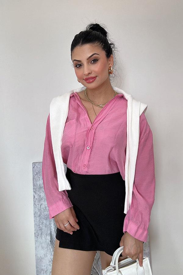 Tensel Kumaş Oversize Gömlek - Pembe