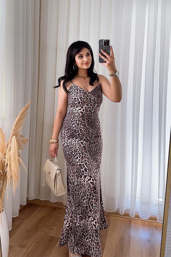 V yaka Leopar Maxi Elbise