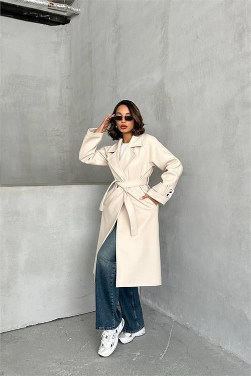 Dipmoda kadın astarlı bej ithal kaşe kaban NBG048