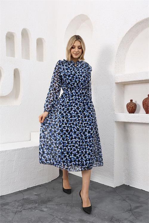 Dipmoda kadın astarlı beli lastikli desenli şifon elbise RSSN47 