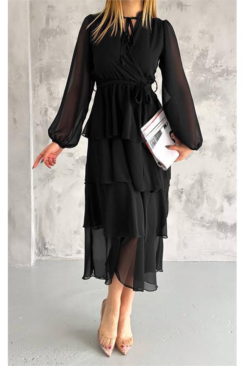 Dipmoda kadın astarlı eteği kat kat şifon elbise NBKKLF2041 