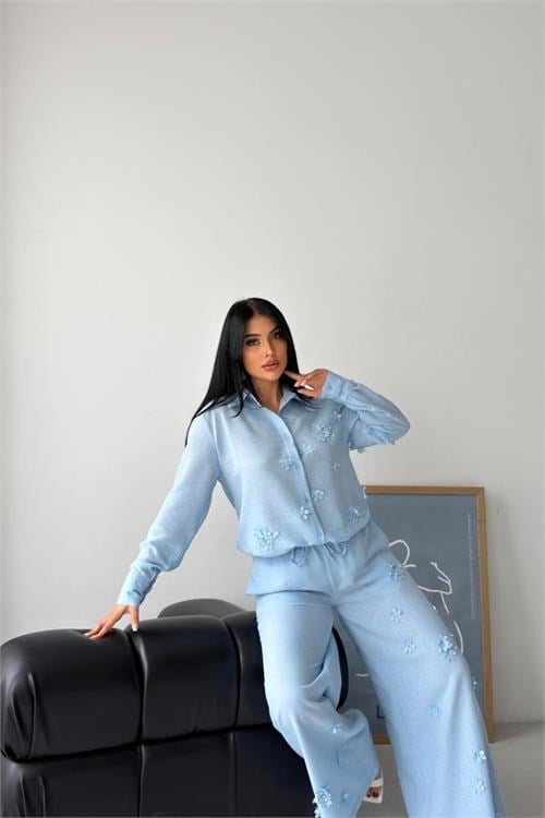 Dipmoda kadın bebe mavi çiçek aplikeli ikili keten kumaş takım DPMS2642