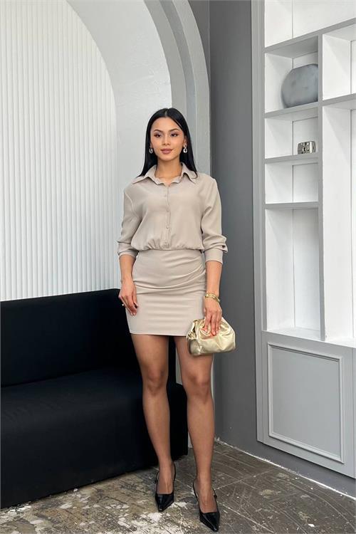 Dipmoda kadın bej gömlek yaka eteği drapeli mini boy düğme detaylı elbise DPMY3869