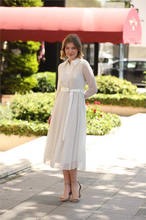 Dipmoda kadın beyaz puantiyeli gömlek yaka şifon elbise RSSN46 