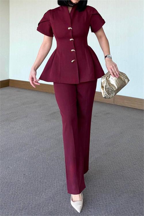 Dipmoda kadın bordo gold düğme detaylı peplum kesim premium takım DPSTR4423