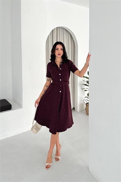 Dipmoda kadın bordo kısa kol taş detaylı midi boy düğmeli elbise DPK4604