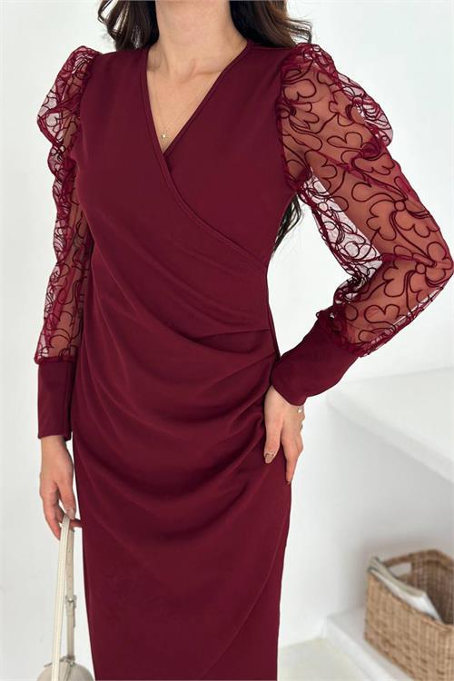Dipmoda kadın bordo kol tül detaylı bel drapeli midi boy örme elbise DPK4375