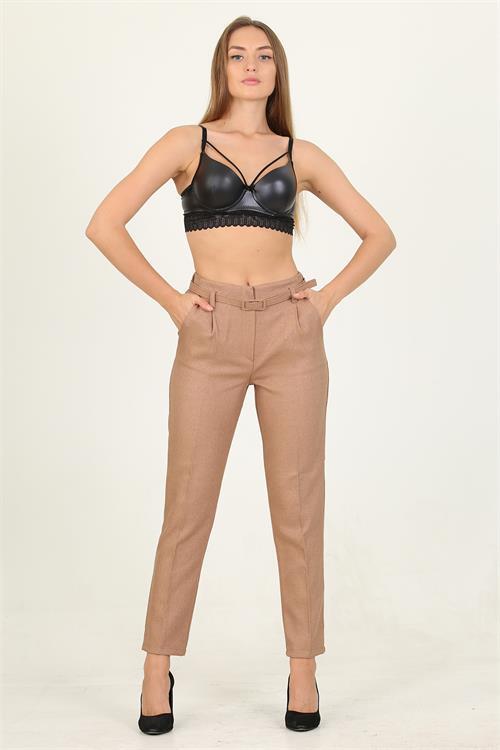 Dipmoda kadın camel kemerli beli lastikli yeni sezon kumaş pantolon QNS032 
