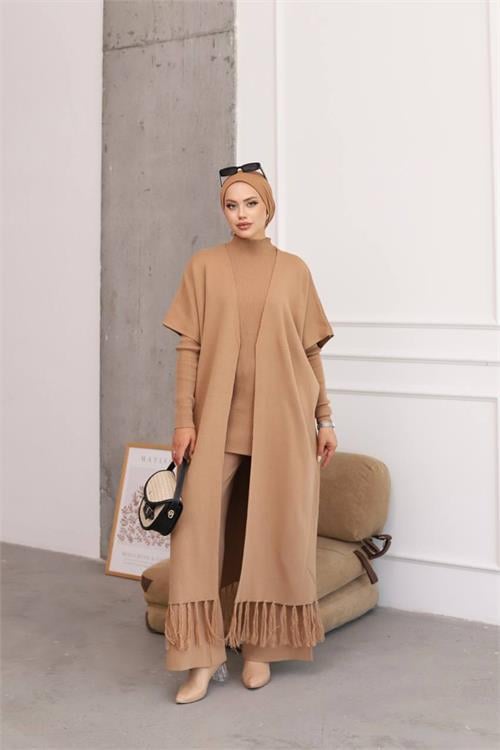 Dipmoda kadın camel tesettür üçlü triko takım NMS021 