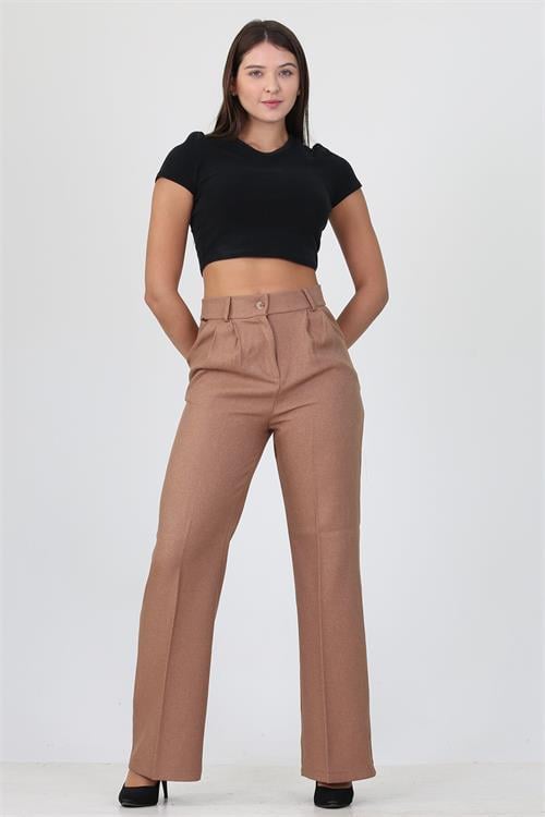 Dipmoda kadın camel yüksek bel cepli palazzo kumaş pantalon ELA001 