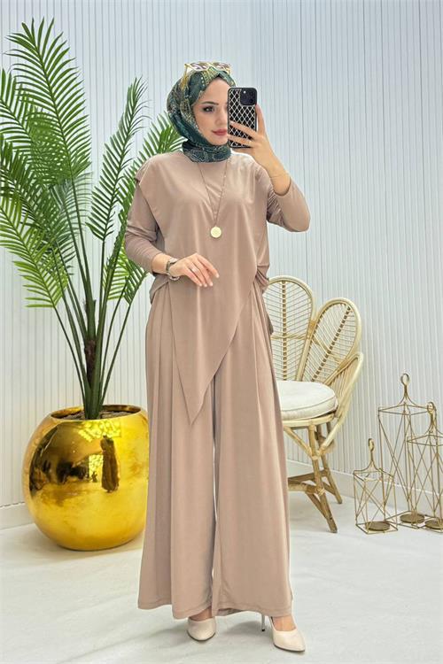 Dipmoda kadın candy kumaş asimetrik kesim tunik pantolon ikili tesettür takım NMS072