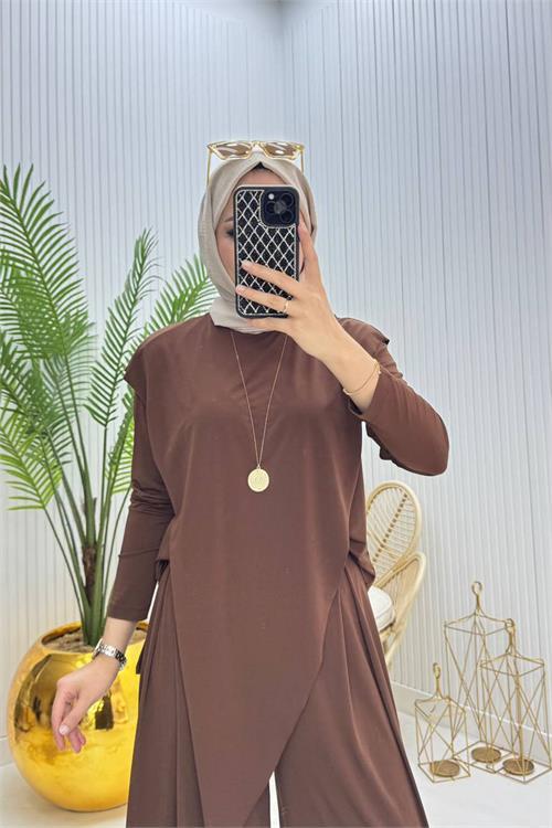 Dipmoda kadın candy kumaş asimetrik kesim tunik pantolon ikili tesettür takım NMS072
