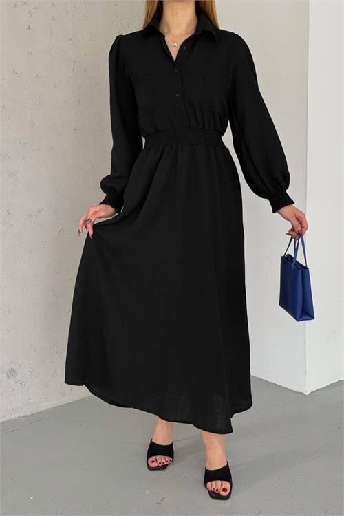 Dipmoda kadın cep detaylı gömlek yaka yazlık elbise NBK2083 