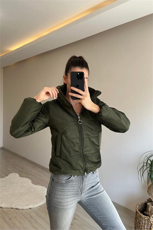 Dipmoda kadın fitilli desen kadife kısa şişme mont NM005