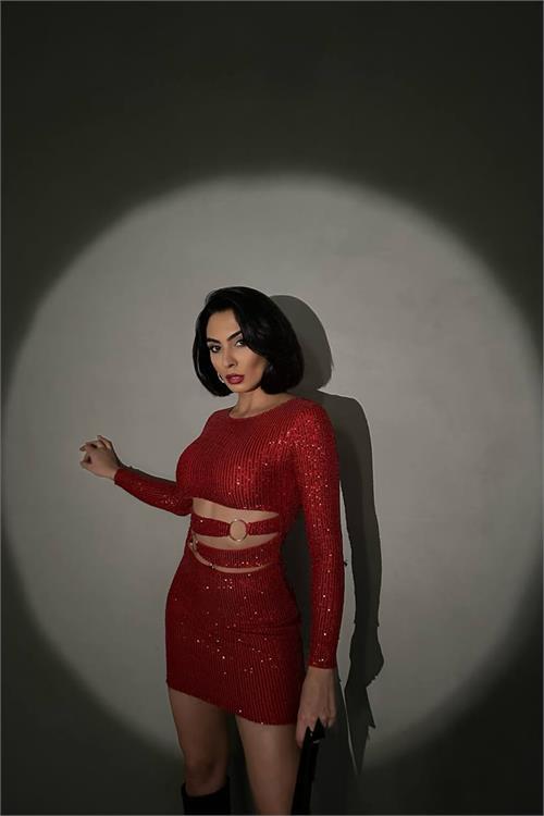 Dipmoda kadın halka detyalı mini pul payet elbise NBDF106