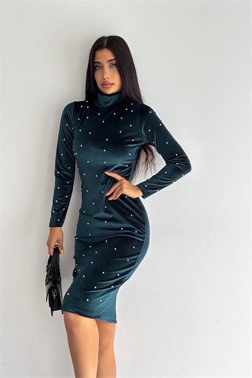 Dipmoda kadın inci detaylı mini kadife elbise KKLF77 - Yeşil 