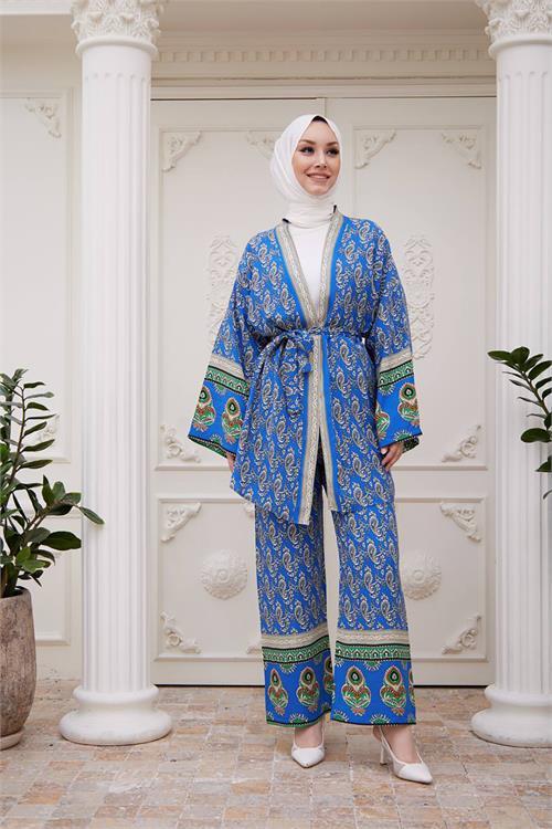 Dipmoda kadın ithal kumaş tesettür kimono takım SMS020 - Mavi 