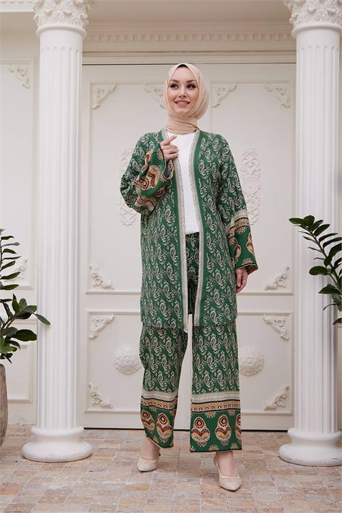 Dipmoda kadın ithal kumaş tesettür kimono takım SMS020 - Yeşil 