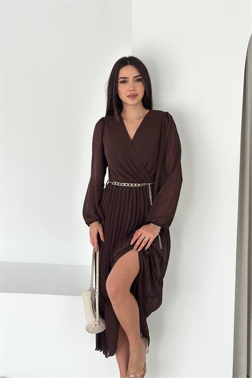 Dipmoda kadın kahverengi kruvaze yaka piliseli midi boy şifon elbise