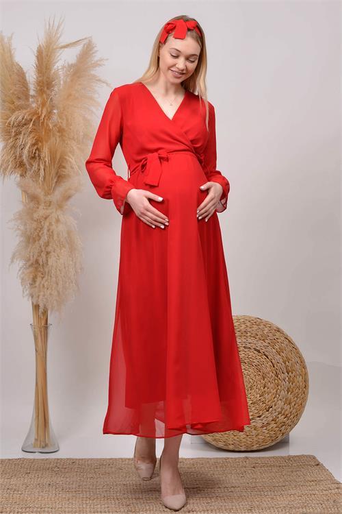 Dipmoda kadın kırmızı baby shower şifon hamile elbise HML003 