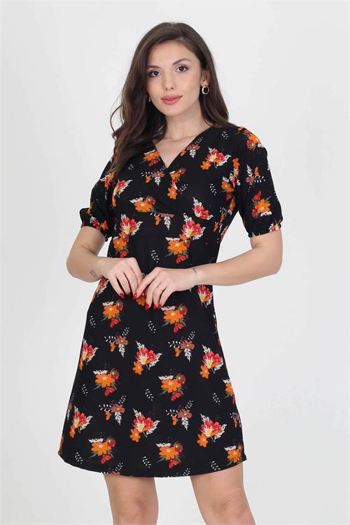Dipmoda kadın kruvaze yaka çiçek desenli örme krep mini elbise NB10022 