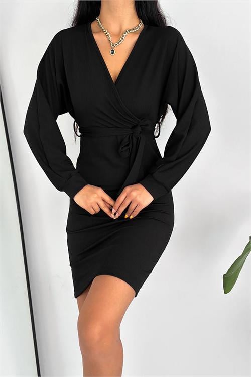 Dipmoda kadın kuşaklı kruvaze yaka örme elbise KKLF47 