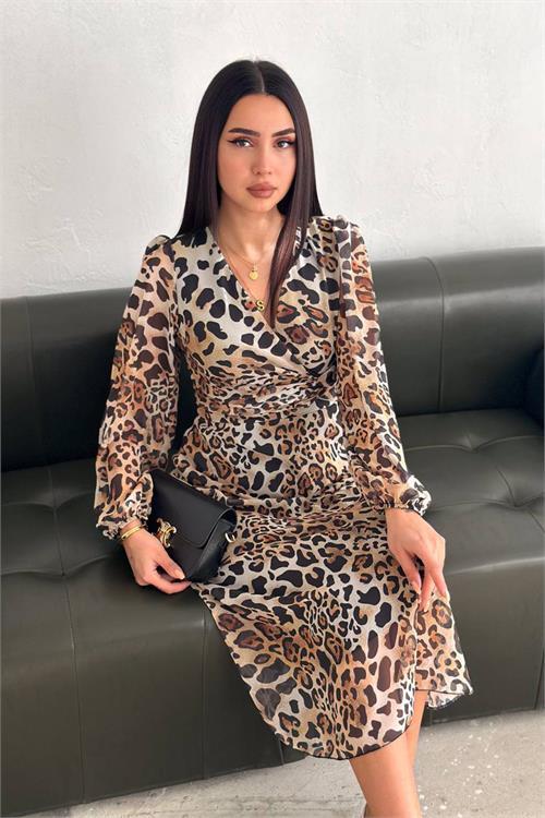 Dipmoda kadın leopar desenli şifon elbise DPNBK3044
