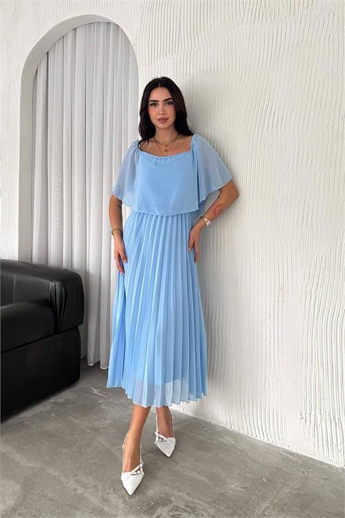 Dipmoda kadın madonna yaka piliseli şifon elbise DPK2099