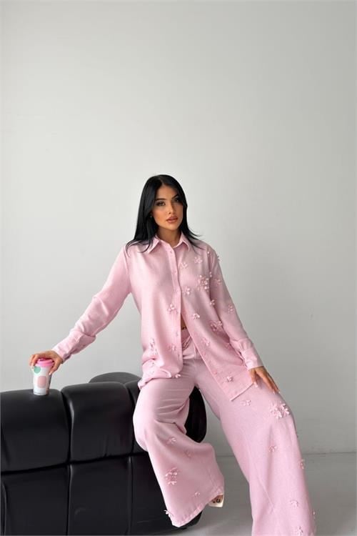 Dipmoda kadın pembe çiçek aplikeli ikili keten kumaş takım DPMS2642