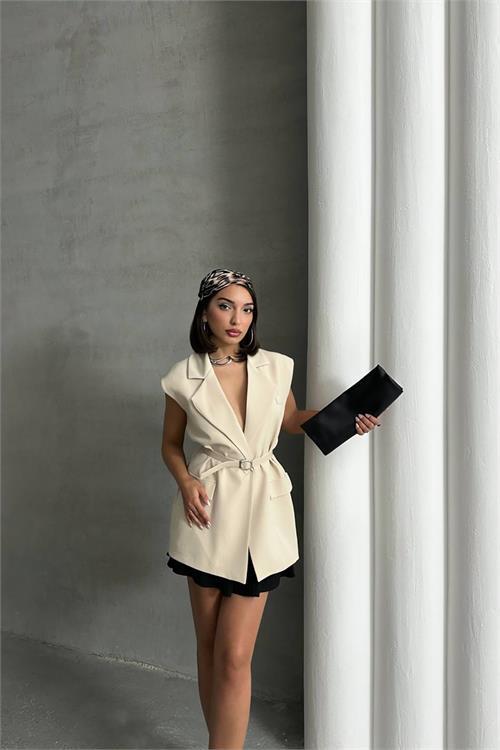 Dipmoda kadın salaş kemerli kolsuz blazer ceket DPNBG076