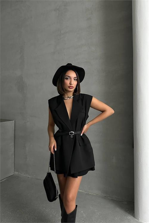 Dipmoda kadın salaş kemerli kolsuz blazer ceket DPNBG076