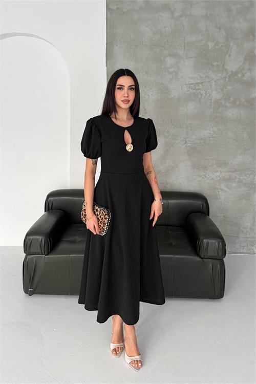 Dipmoda kadın siyah balon kol gold broş detaylı midi boy elbise DPK4563