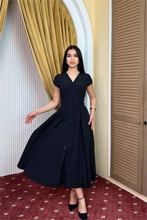 Dipmoda kadın siyah feminen kesim bel detaylı düğmeli midi boy elbise DPMY3924