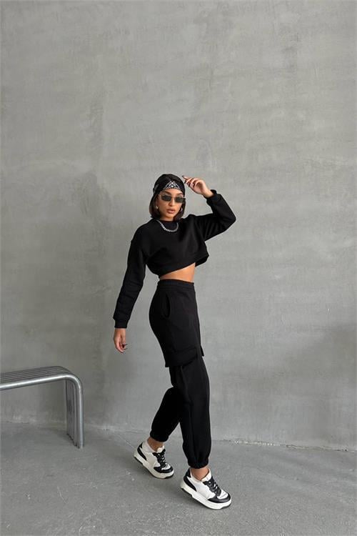 Dipmoda kadın siyah kargo cepli eşofman takımı NBG041 