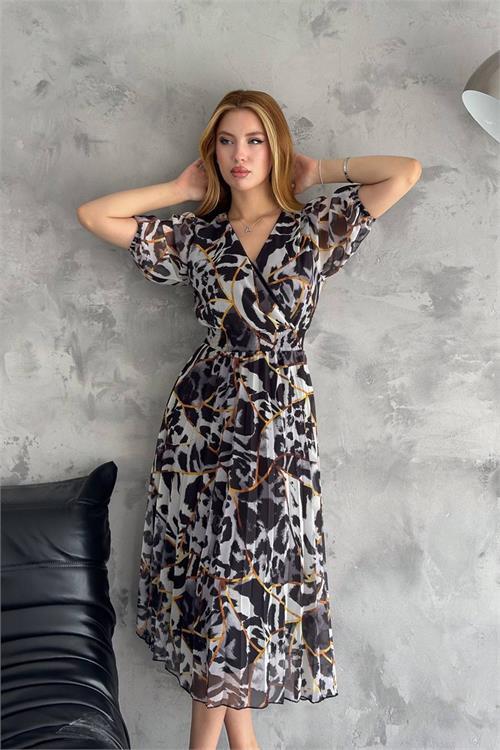 Dipmoda kadın siyah kruvaze yaka desenli şifon elbise NBQ001 