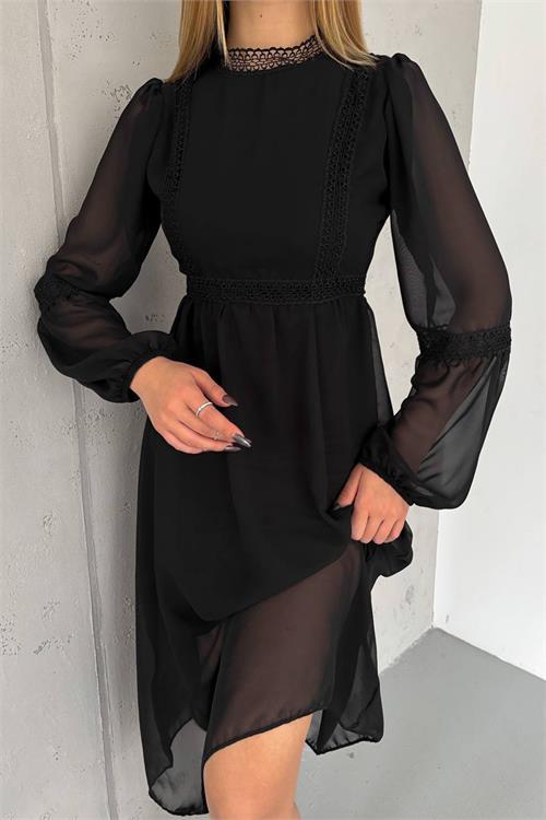 Dipmoda kadın siyah midi boy astarlı şifon elbise NBK2024 