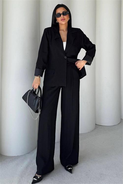 Dipmoda kadın siyah oversize tek düğmeli blazer ceket pantolon takım DPSTR4085