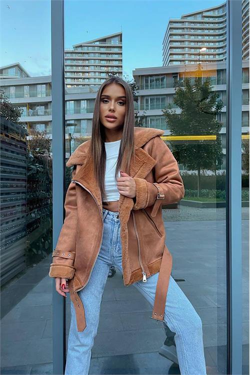 Dipmoda kadın taba içi kürklü süet ceket MYLK11 