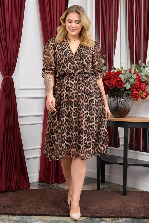 Dipmoda kadın yeni sezon leopar desenli büyük beden şifon elbise RY80622 