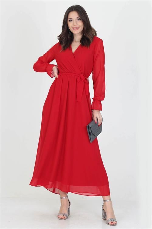 Neşeli Butik Kadın Yeni Sezon Astarlı Kruvaze Yaka Uzun Şifon Elbise NB003 