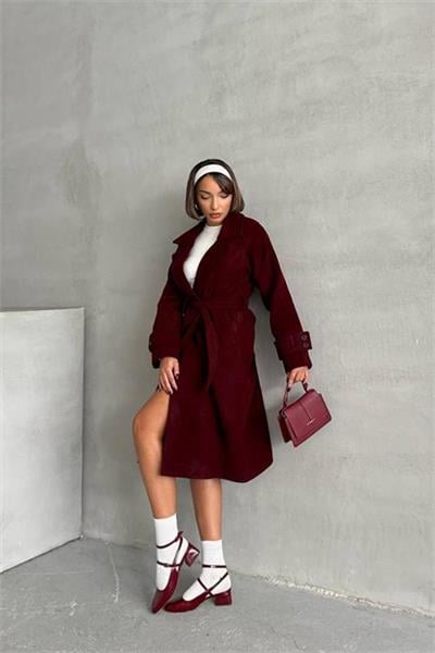 Dipmoda kadın astarlı bordo ithal kaşe kaban DPNBG048