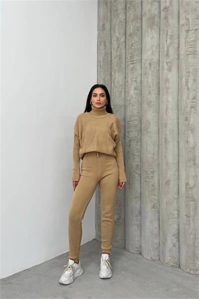 Dipmoda kadın camel fitilli balıkçı yaka alt üst triko takım NBDM1215 