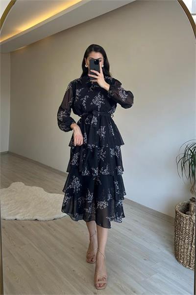 Dipmoda kadın çiçek desenli kat kat volanlı şifon elbise NM014