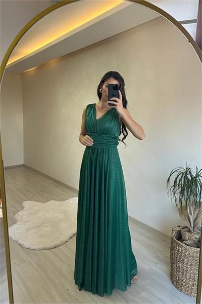 Dipmoda kadın drapeli ışıltılı kalın askılı abiye elbise NM003