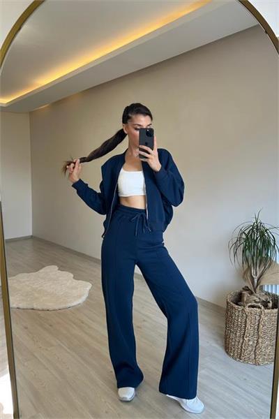 Dipmoda kadın fermuarlı oversize sweat ve yüksek bel eşofman takımı NM018