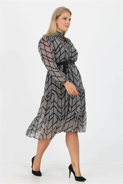 Dipmoda kadın gipeli yakası bağlama detaylı midi boy büyük beden şifon elbise APCX17 