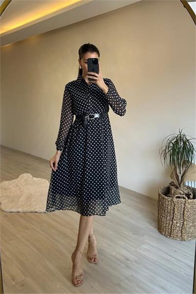 Dipmoda kadın gömlek yaka puantiye desenli şifon elbise NM019